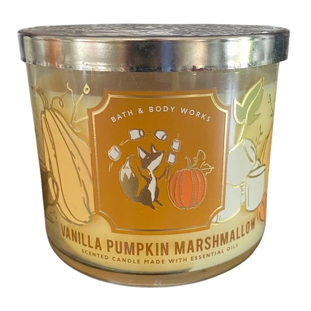 Bath Body Works Vanilla Pumpkin Marshmallow 3-Wick Candle Retired Fox packaging